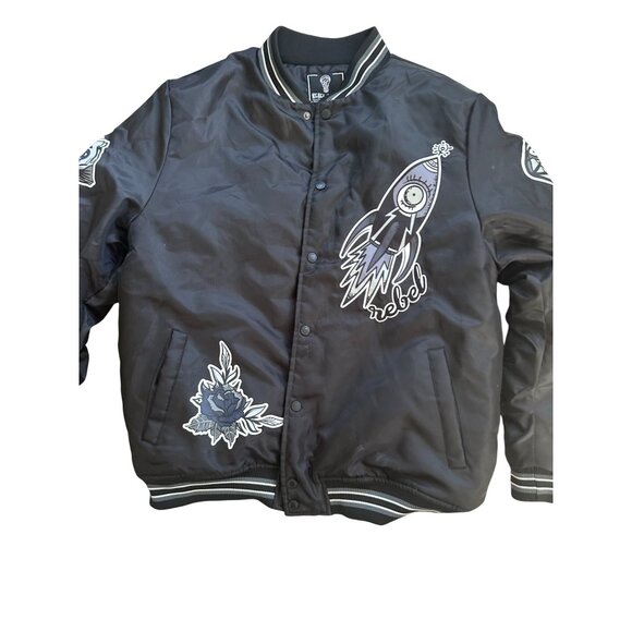 REBEL MINDS Men's Fly High Black Graphic Bomber Jacket Size XL - Picture 2 of 11